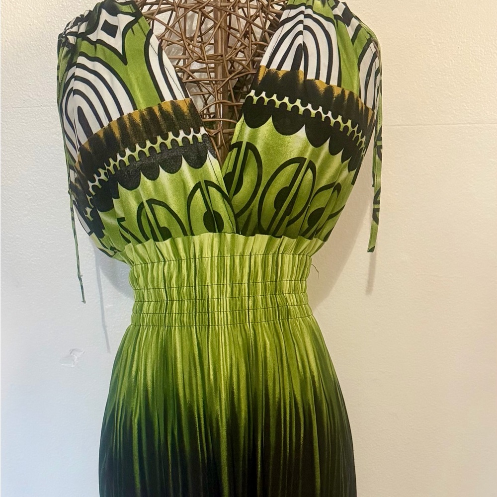 Green, black and white Patterned Maxi Dress